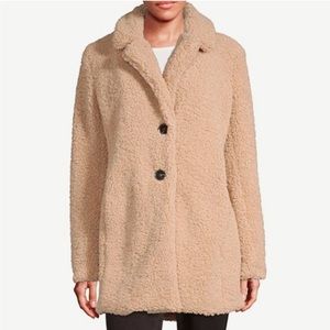 LIZ CLAIBORNE Teddy Coat Sherpa Faux Fur Cream Neutral Notch Collar Cozy Fall